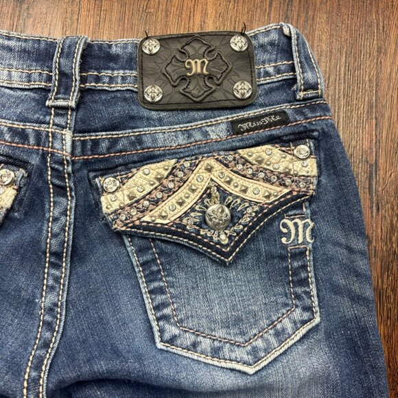 Miss Me Boot Jeans Rhinestones Studded Distressed Medium Wash Size 25 - Picture 7 of 12